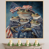 Mother Frog Holding Three Baby Frogs Dressed in Patriotic Outfits and Flag Hat for Independence Day on Ready to Hang 1.5" Thick Canvas Wrap, Floating Framed Canvas, Flat Rolled Canvas